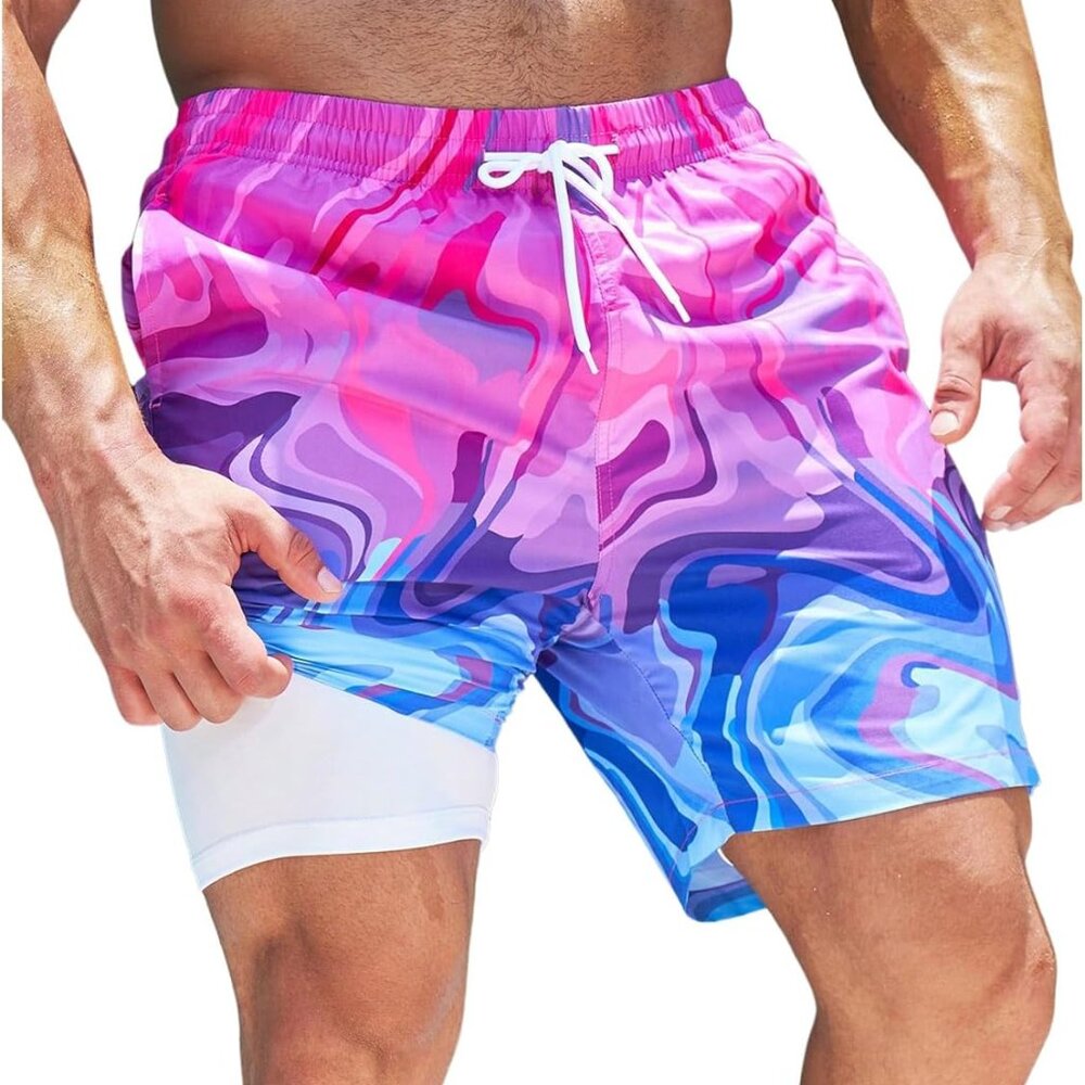 Men's Beach Swim Trunks with Compression Liner 7 Inch Quick Dry Swim Board Short